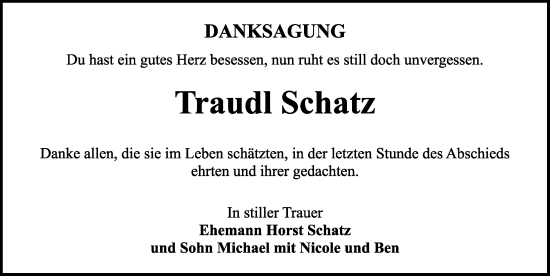 Traueranzeige von Traudl Schatz von Neustadt/ Scheinfeld/ Uffenheim