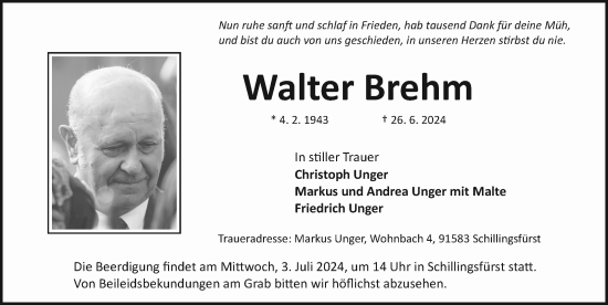Traueranzeige von Walter Brehm von Rothenburg