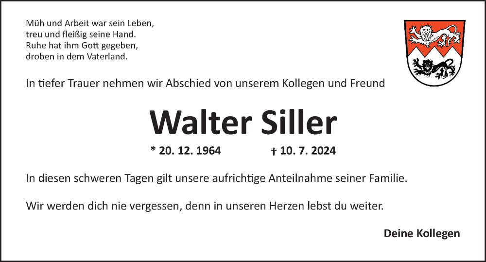  Traueranzeige für Walter Siller vom 15.07.2024 aus Rothenburg