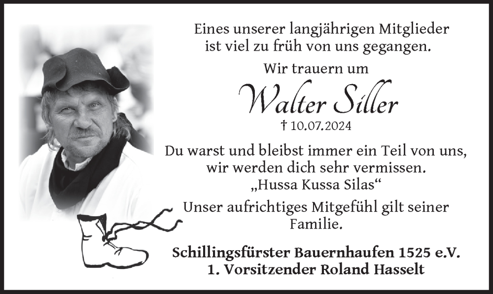  Traueranzeige für Walter Siller vom 15.07.2024 aus Rothenburg