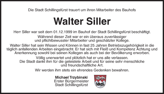 Traueranzeige von Walter Siller von Rothenburg