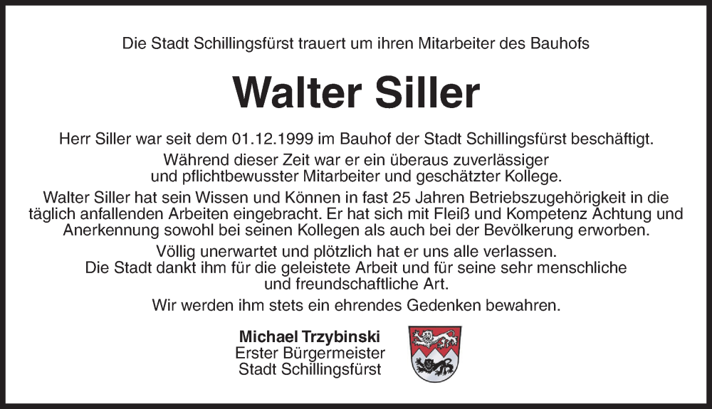  Traueranzeige für Walter Siller vom 15.07.2024 aus Rothenburg