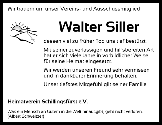 Traueranzeige von Walter Siller von Rothenburg