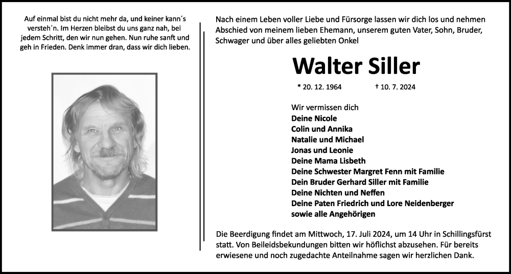  Traueranzeige für Walter Siller vom 13.07.2024 aus Rothenburg