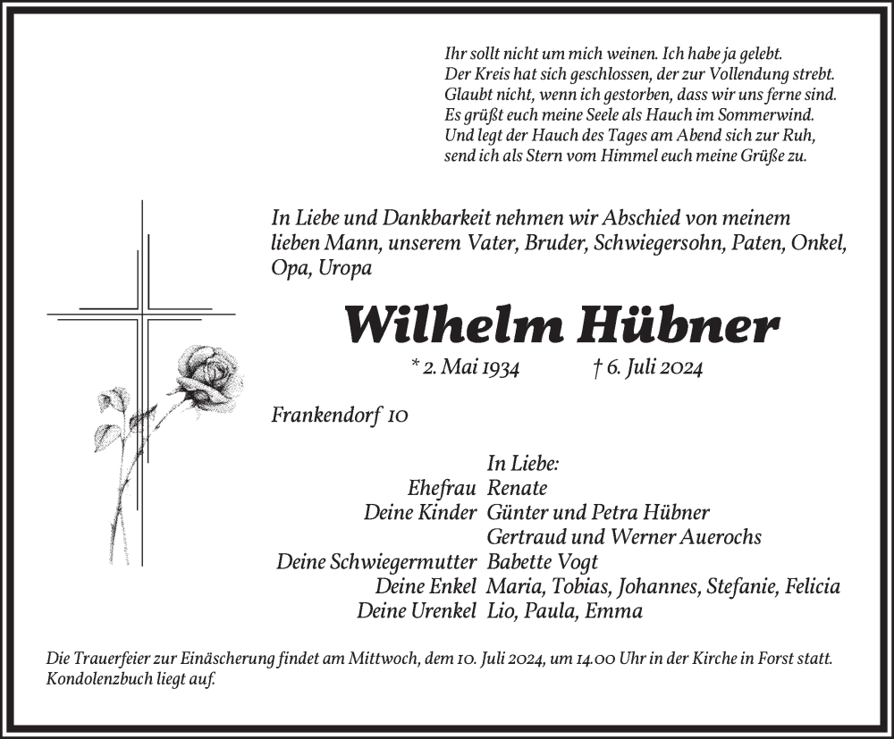  Traueranzeige für Wilhelm Hübner vom 09.07.2024 aus Ansbach