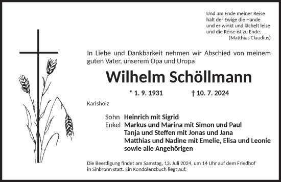 Traueranzeige von Wilhelm Schöllmann von Dinkelsbühl/ Feuchtwangen