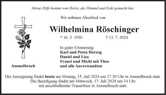 Traueranzeige von Wilhelmina Röschinger von Dinkelsbühl/ Feuchtwangen