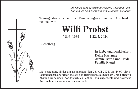Traueranzeige von Willi Probst von Ansbach