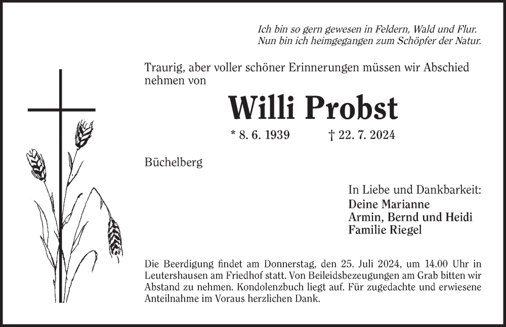  Traueranzeige für Willi Probst vom 24.07.2024 aus Ansbach