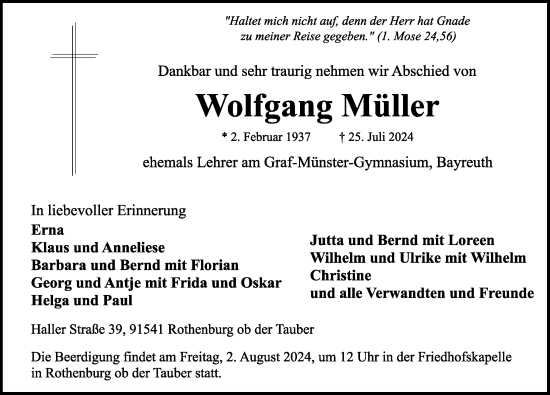 Traueranzeige von Wolfgang Müller von Rothenburg