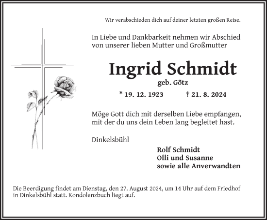 Traueranzeige von Ingrid Schmidt von Dinkelsbühl/ Feuchtwangen