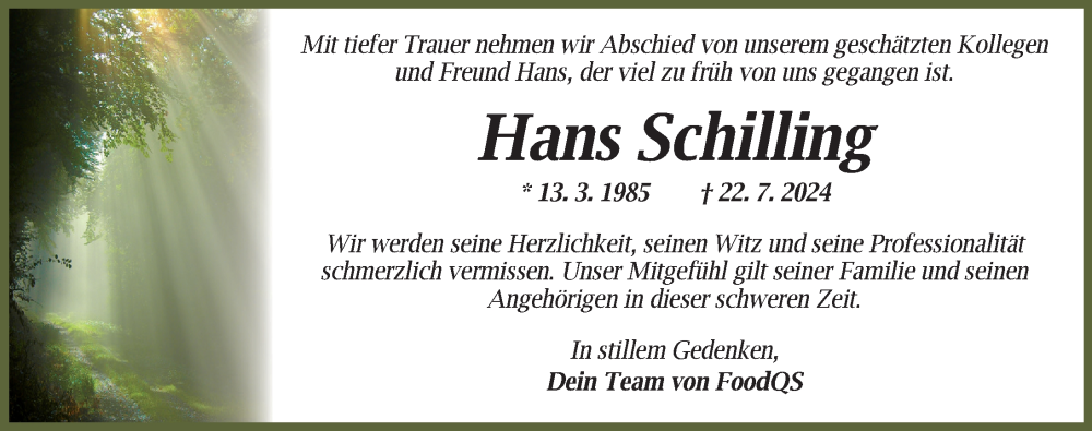  Traueranzeige für Hans Schilling vom 27.07.2024 aus Neustadt/ Scheinfeld/ Uffenheim