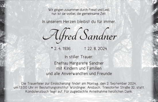 Traueranzeige von Alfred Sandner von Ansbach