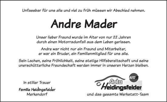 Traueranzeige von Andre Mader von Ansbach