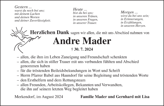 Traueranzeige von Andre Mader von Ansbach