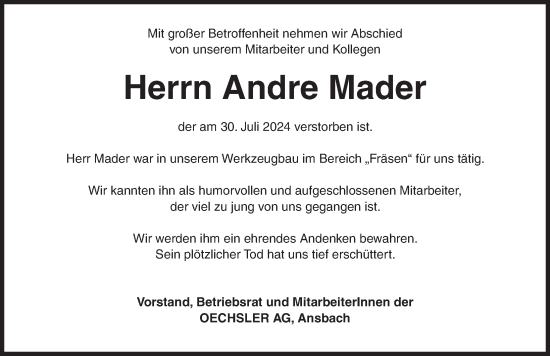 Traueranzeige von Andre Mader von Ansbach