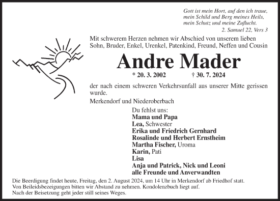 Traueranzeige von Andre Mader von Ansbach