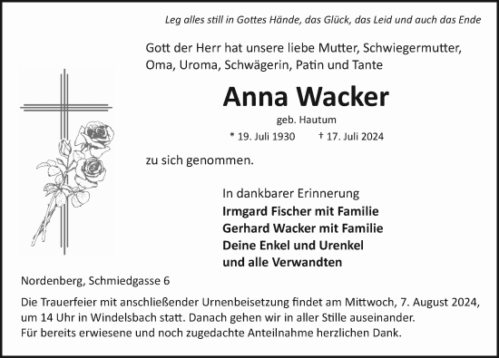 Traueranzeige von Anna Wacker von Rothenburg
