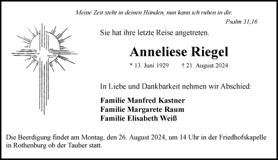 Traueranzeige von Anneliese Riegel von Dinkelsbühl/ Feuchtwangen