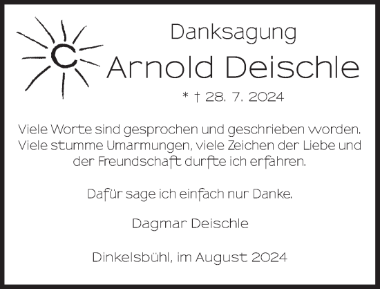 Traueranzeige von Arnold Deischle von Dinkelsbühl/ Feuchtwangen