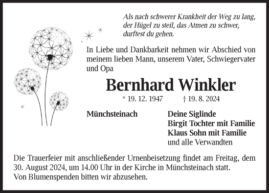 Traueranzeige von Bernhard Winkler von Neustadt/ Scheinfeld/ Uffenheim