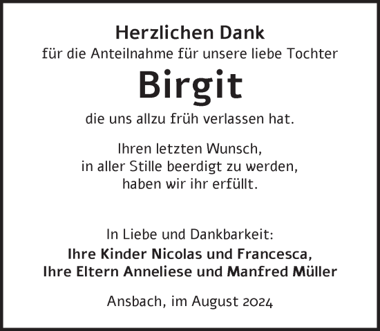 Traueranzeige von Birgit  von Ansbach