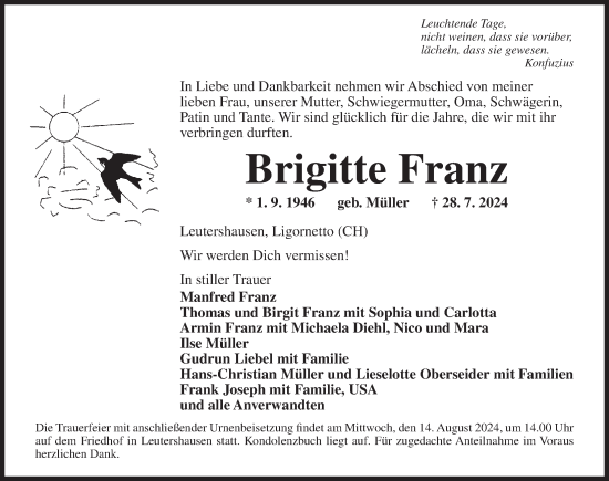 Traueranzeige von Brigitte Franz von Ansbach