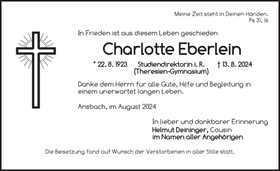 Traueranzeige von Charlotte Eberlein von Ansbach