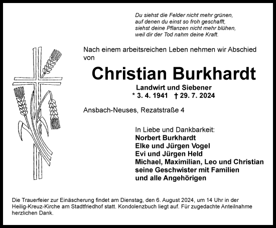 Traueranzeige von Christian Burkhardt von Ansbach