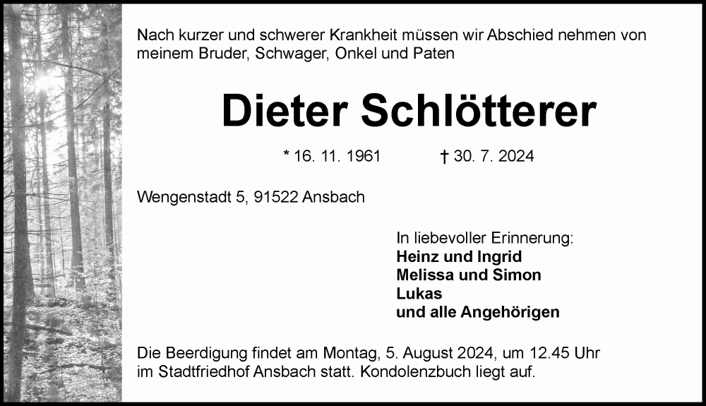  Traueranzeige für Dieter Schlötterer vom 02.08.2024 aus Ansbach