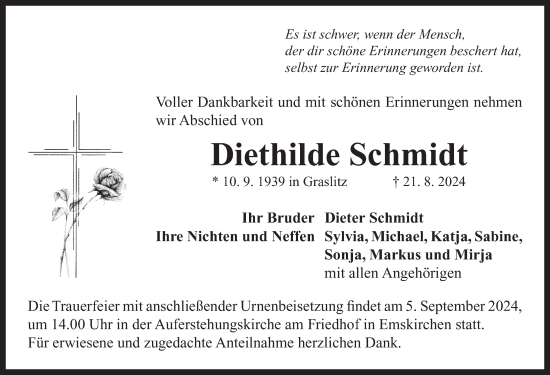 Traueranzeige von Diethilde Schmidt von Neustadt/ Scheinfeld/ Uffenheim