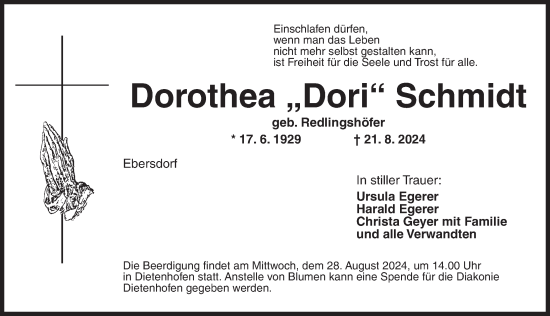 Traueranzeige von Dorothea Schmidt von Ansbach