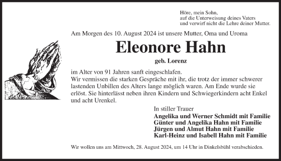 Traueranzeige von Eleonore Hahn von Dinkelsbühl/ Feuchtwangen