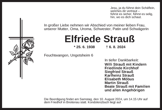 Traueranzeige von Elfriede Strauß von Dinkelsbühl/ Feuchtwangen