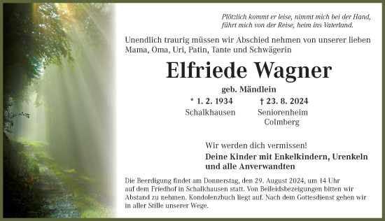 Traueranzeige von Elfriede Wagner von Ansbach