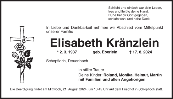 Traueranzeige von Elisabeth Kränzlein von Dinkelsbühl/ Feuchtwangen