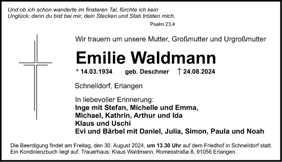 Traueranzeige von Emilie Waldmann von Dinkelsbühl/ Feuchtwangen