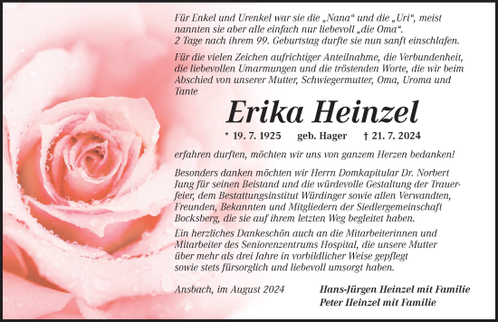 Traueranzeige von Erika Heinzel von Ansbach