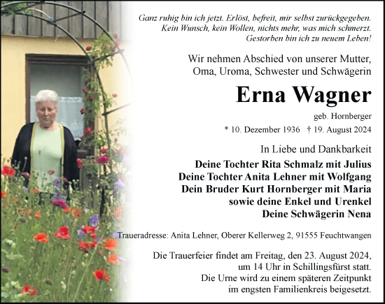 Traueranzeige von Erna Wagner von Dinkelsbühl/ Feuchtwangen