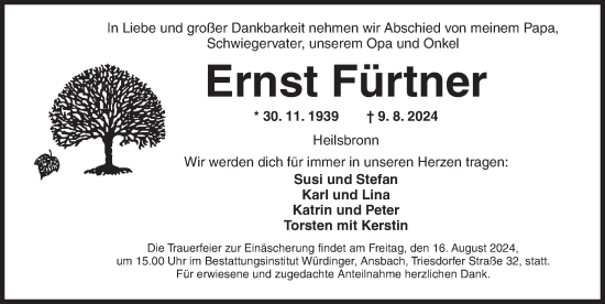 Traueranzeige von Ernst Fürtner von Ansbach