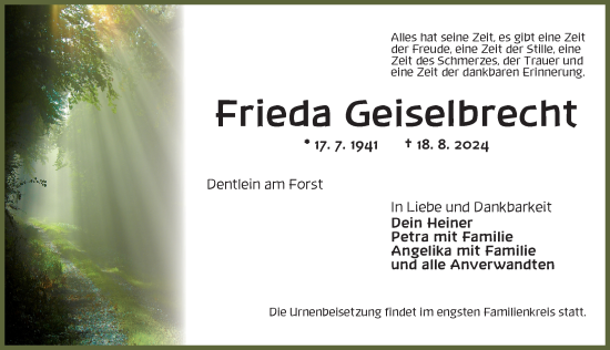 Traueranzeige von Frieda Geiselbrecht von Dinkelsbühl/ Feuchtwangen