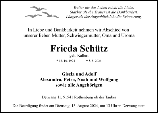 Traueranzeige von Frieda Schütz von Rothenburg