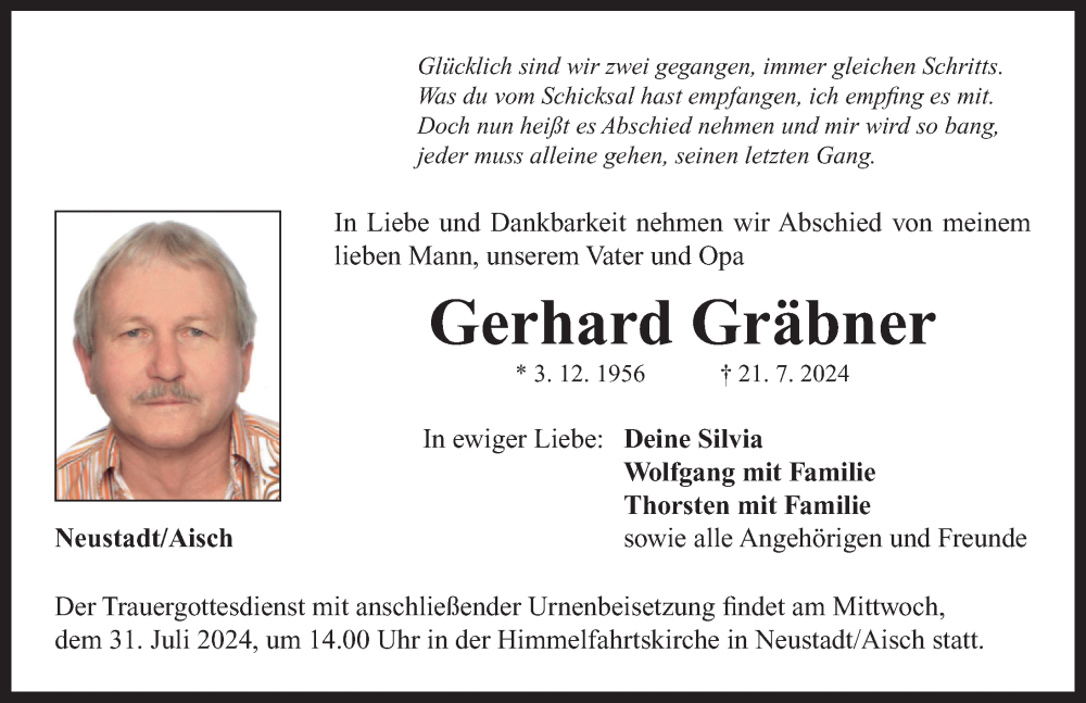  Traueranzeige für Gerhard Gräbner vom 27.07.2024 aus Neustadt/ Scheinfeld/ Uffenheim