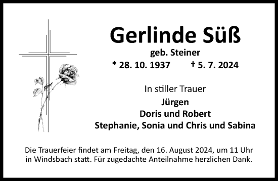 Traueranzeige von Gerlinde Süß von Ansbach