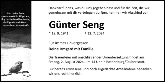 Traueranzeige von Günter Seng von Rothenburg