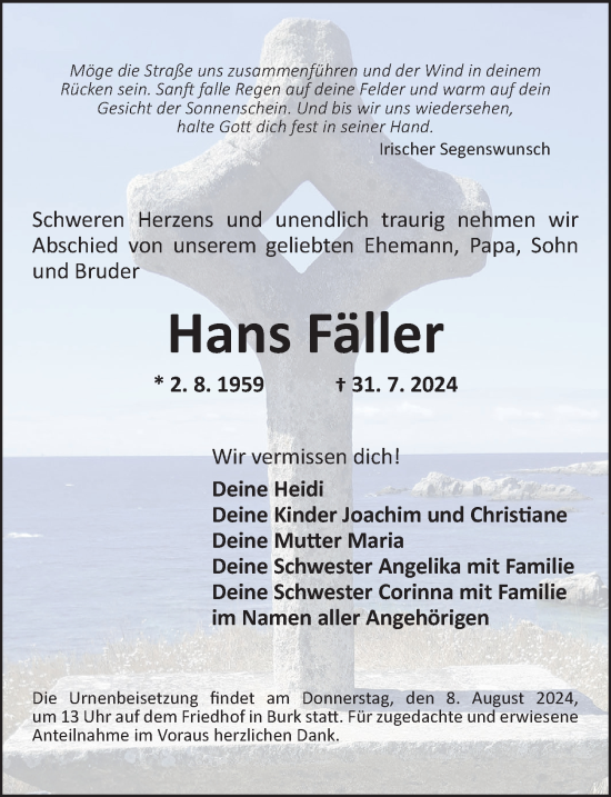 Traueranzeige von Hans Fäller von Ansbach