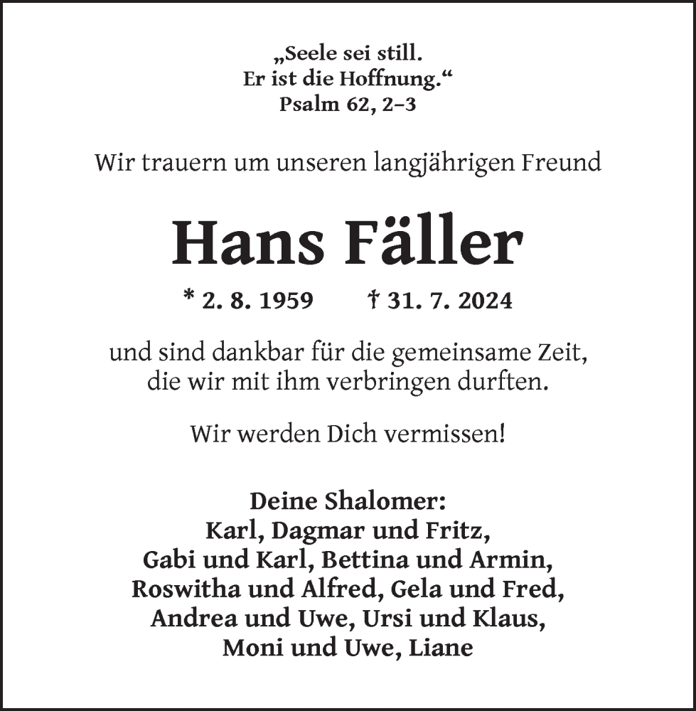  Traueranzeige für Hans Fäller vom 06.08.2024 aus Dinkelsbühl/ Feuchtwangen