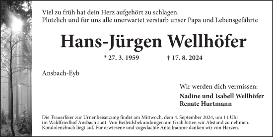 Traueranzeige von Hans-Jürgen Wellhöfer von Ansbach