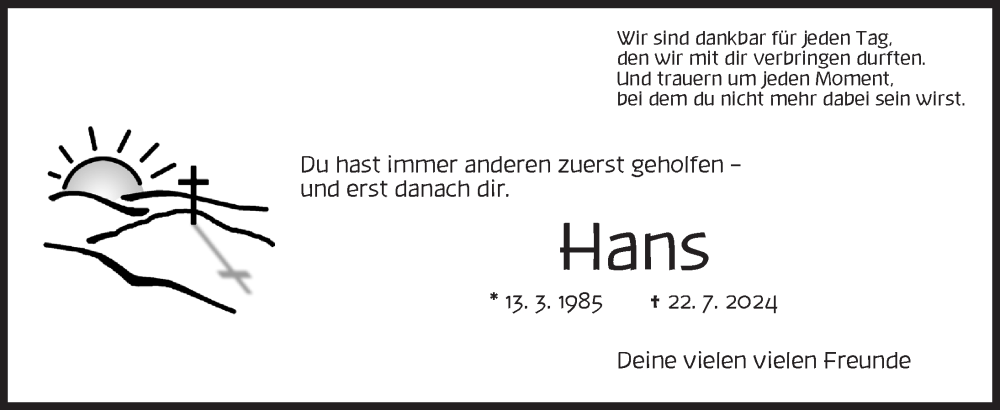  Traueranzeige für Hans Schilling vom 27.07.2024 aus Neustadt/ Scheinfeld/ Uffenheim