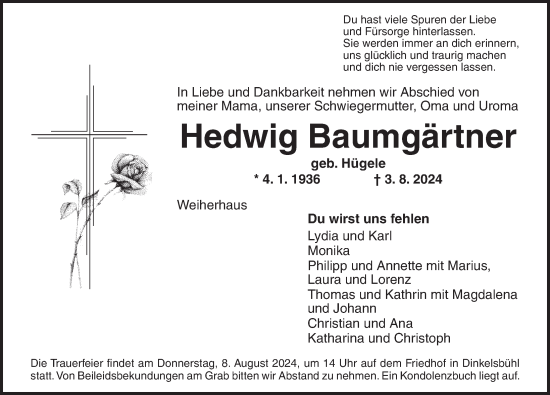 Traueranzeige von Hedwig Baumgärtner von Dinkelsbühl/ Feuchtwangen